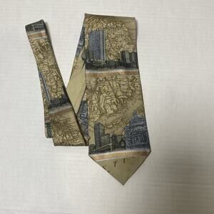 Vintage Structure Mens Tie Map Travel 100% Silk‎ Landscape Building City Novelty